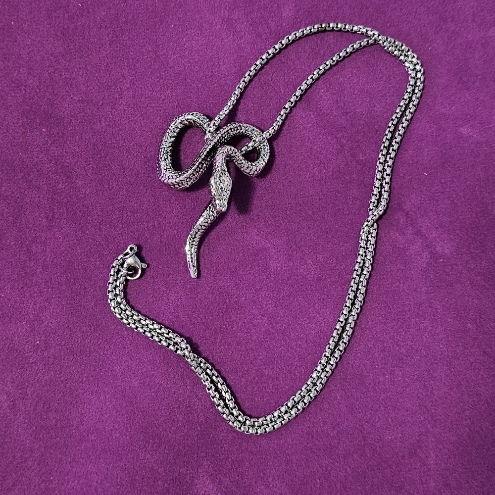 Textured Silver Toned Snake Pendant Necklace